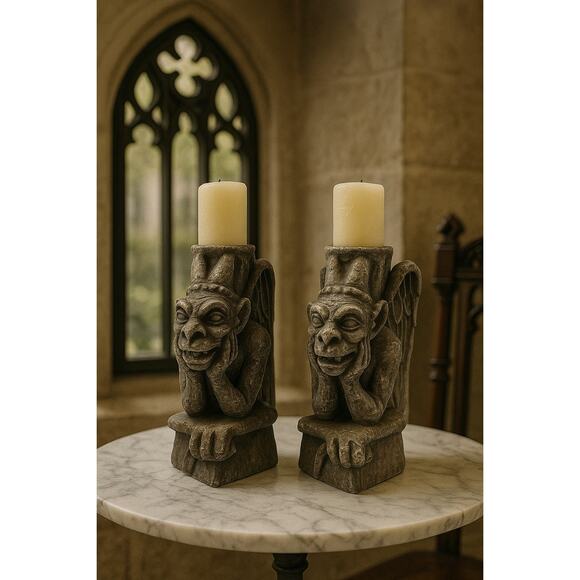 VTG Gargoyles Studio Chalkware Candle Holders New York Pair Gray Gothic Medieval - Picture 1 of 11